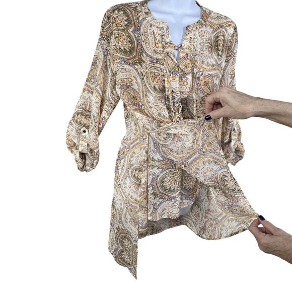 Chicos Mirrored Beauty Womens XS Paisley Sheer Asymmetric Tunic Chiffon Lace Up - Picture 3 of 15